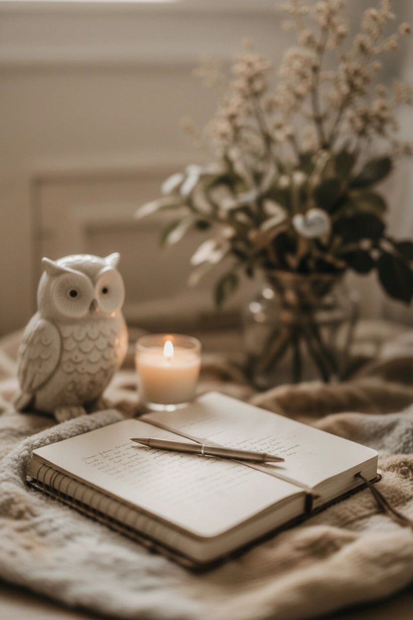 Owl figurine with candle and open journal