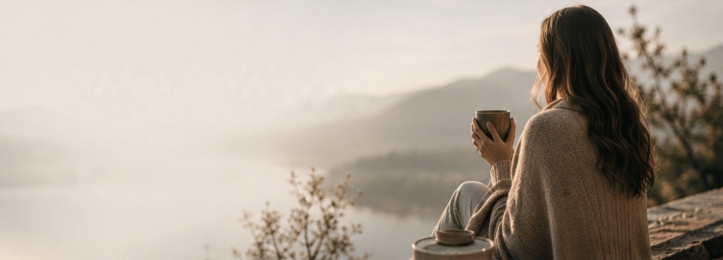 Woman sitting with coffee overlooking misty mountains and water